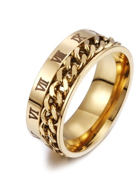 KANZAO欧美个性罗马数字钛钢指环可转动链条戒指减压手饰