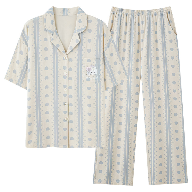 韩版休闲宽松女士开衫纯棉质短袖长裤睡衣夏季宽松全棉家居服套装