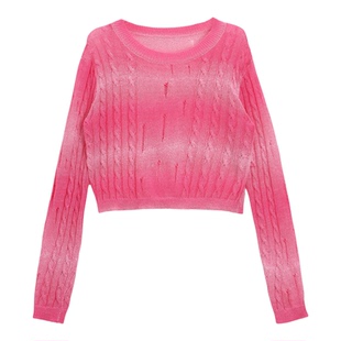 芭依璐2026春新款甜美圆领渐变镂空设计感显瘦针织宽松毛衫上衣女