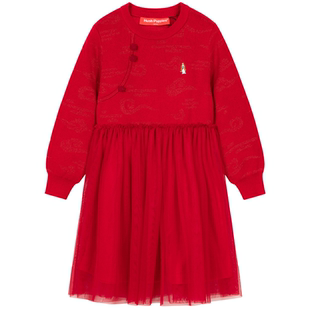 暇步士童装女童连衣裙秋冬新款大童红色新中式裙子儿童网纱公主裙