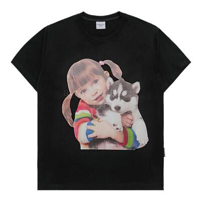ADLV 韩国潮牌T恤可爱女孩抱狗狗宽松男女同款短袖宽松型全棉上衣