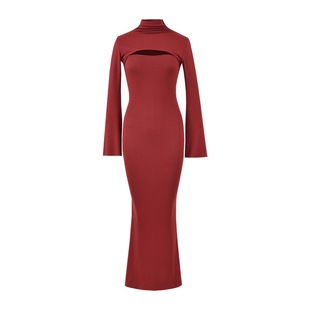 YoungGirlDay御姐性感镂空小高领喇叭袖侧开叉鱼尾包臀连衣裙长裙