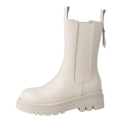 全真皮厚底内增高白色中筒烟筒靴