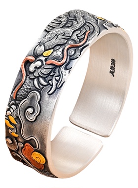 银千造 云龙足银999手工手镯开口纯银宽版复古镶铜错金手环礼物男