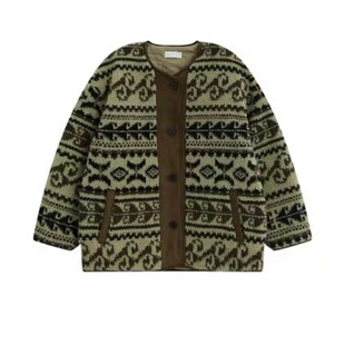 费尔岛羊羔毛外套女秋冬新款美式复古拼接腰果花宽松加厚棉服大衣