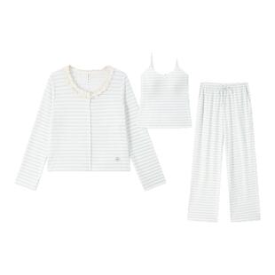 冰丝绸睡衣女款三件套春秋带胸垫吊带长袖2026新款夏季家居服套装