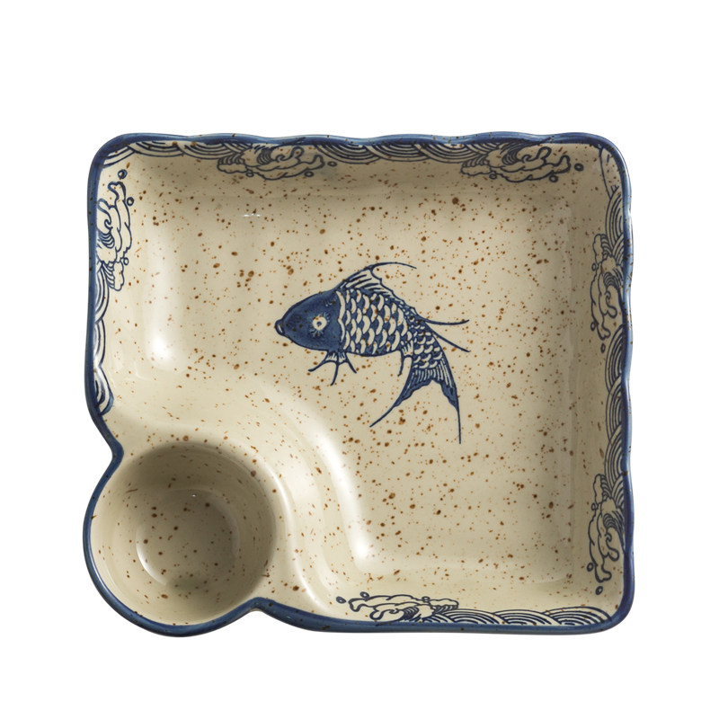 中式饺子盘子带醋碟复古餐盘陶瓷餐具日式碟子家用水饺专用盘拼盘