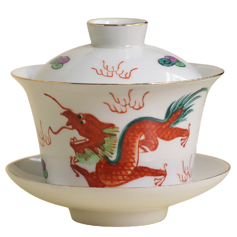 潮汕90年代出口香港纯手绘祥龙工夫小茶杯四季平安老胚蛋壳一口杯