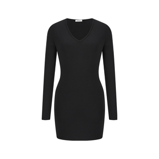 MosesQueen魔西女王黑色v领长袖连衣裙秋冬季加绒加厚包臀短裙子