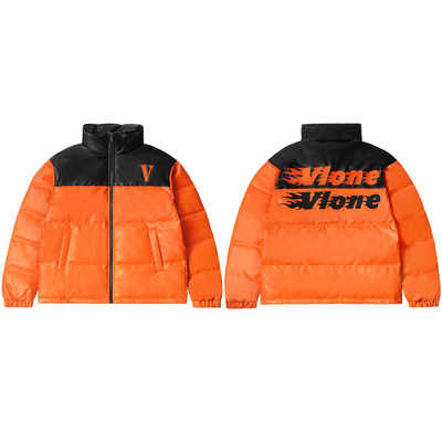 VLONE 拼接撞色火焰字母Logo刺绣宽松无帽立领鹅绒皮羽绒服情侣款