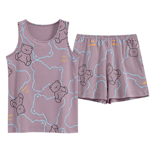 芬腾可安纯棉睡衣女夏背心无袖短裤纯棉带胸垫防凸点可外穿家居服