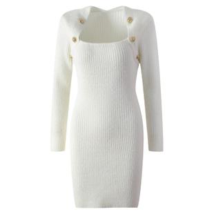 新闻女王文慧心佘诗曼同款方领金扣针织连衣裙收腰修身包臀裙女