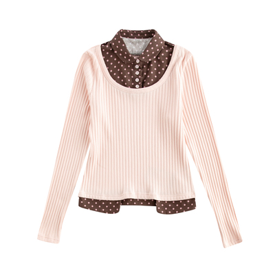 riverstone plus波点撞色假两件衬衫领长袖T恤女修身显瘦条纹上衣