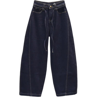 秋冬加厚牛仔裤女深蓝色抓绒长裤