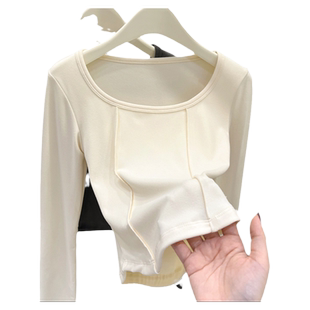 秋冬短款打底衫女内搭加绒加厚德绒正肩长袖T恤修身上衣外穿秋衣