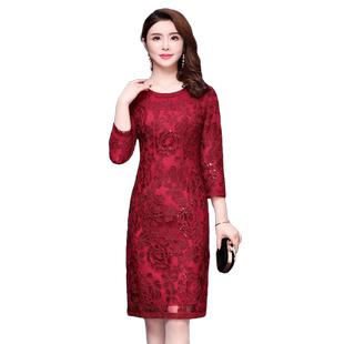 香妮芬2025新款喜庆晚会网纱妈妈蕾丝刺绣婚宴礼服女红色连衣裙