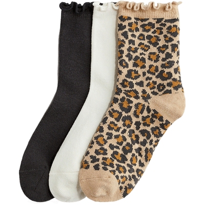 HM童装儿童女童袜子3双装秋季柔软可爱豹纹锁边袜子1235464