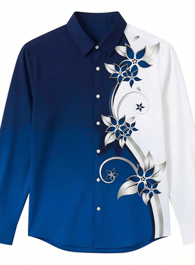 休闲欧码渐变3D印花长袖衬衫男