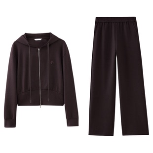 水云间酒红色运动风卫衣套装女连帽开衫外套直筒长裤子2026春新款