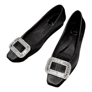 新款真丝绸缎单鞋法式水钻方头平底鞋女一脚蹬低跟浅口休闲瓢鞋