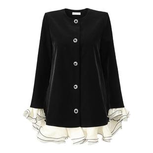 CHICHY千金法式小香风黑色丝绒外套女春季别致洋气荷叶边显瘦上衣