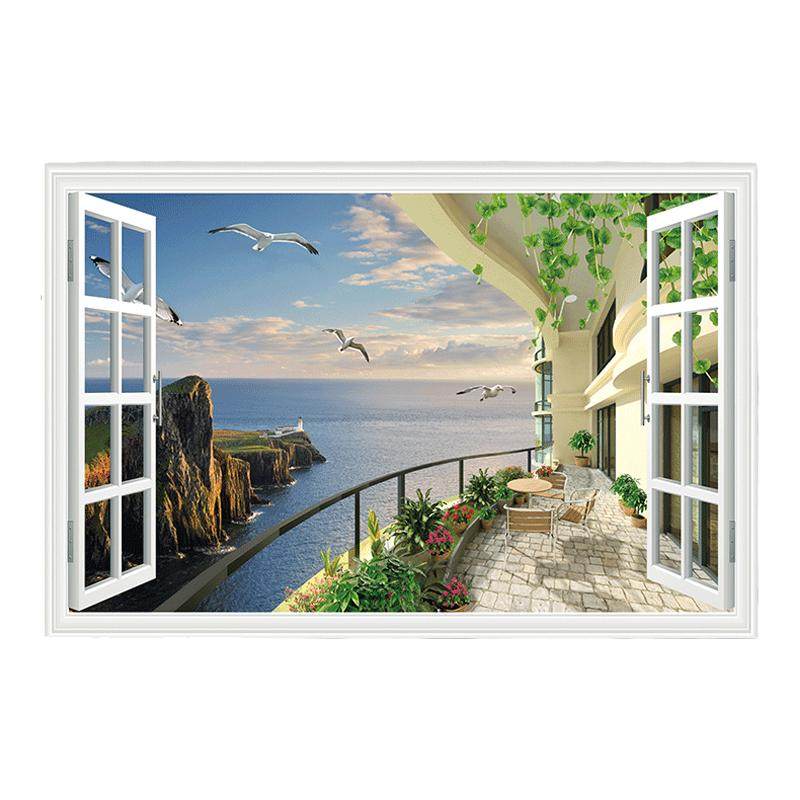 3D假窗仿真立体装饰画墙纸自粘风景画酒店背景墙卧室自粘海景壁画