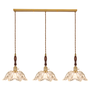 玻璃轻奢小吊北欧木艺餐厅三头吊灯中古风氛围简约卧室床头吊线灯