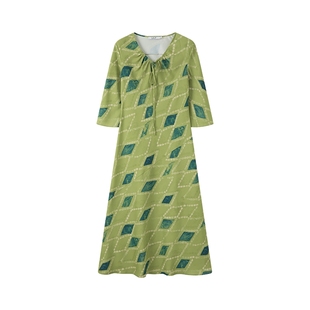 LILY2025新款女装复古几何腰果花抽绳V领七分袖收腰绿色连衣裙