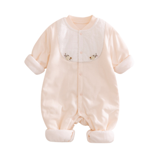 春秋季婴儿薄棉连体衣满月女宝宝纯棉衣服夹棉哈衣爬服早春装外穿