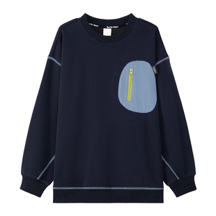 左西童装男童卫衣山系户外儿童撞色口袋2026新品春装大童圆领上衣