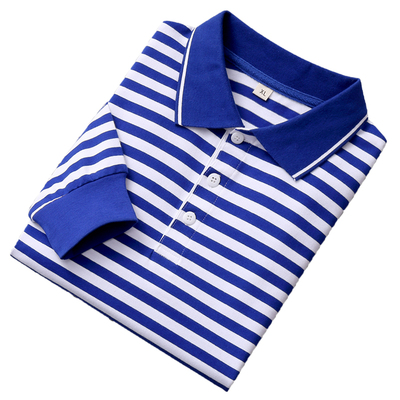 男翻领长袖POLO海魂衫T恤加肥加大码蓝白色横条纹有带领子胖子装