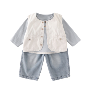 男童春秋三件套装女宝宝春季新款婴幼儿马甲打底衫休闲牛仔裤衣服
