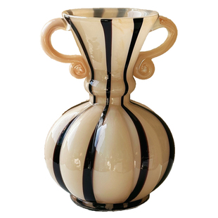 法式奶油风软装饰品黑色条纹复古中古手工双耳玻璃花器芬顿花瓶