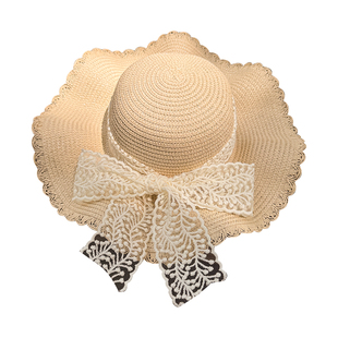 波浪边蕾丝草帽女夏天海边沙滩遮阳防晒帽编织大帽檐法式时尚帽子