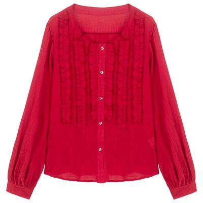 KEIKO 繁复木耳花边饰红色长袖衬衫25秋季高级感绉布泡泡袖上衣