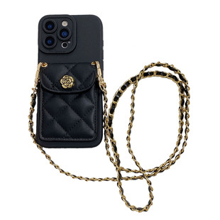 菱格小香风卡包适用于iphone16promax苹果15pro手机壳13可背带17pro斜挎挂绳14高级山茶花15plus个性11防摔套