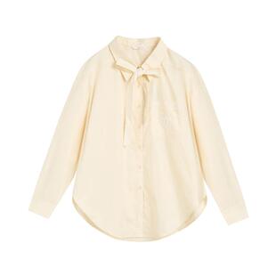 紫涵纯棉长袖米白衬衫女士秋季新款蕾丝边刺绣蝴蝶结宽松显瘦衬衣