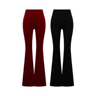 XULU原创轻奢酒红色丝绒休闲裤气质修身显瘦显腿长高腰微喇长裤