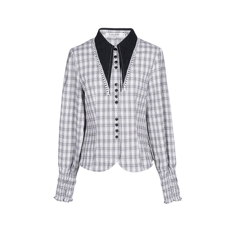 D-HARRY/迪哈利新款复古长尖领羊脚袖格子衬衫DH231D95988D