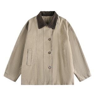 阿于呆美式复古撞色水洗做旧工装夹克男秋冬宽松休闲街头外套女潮