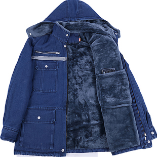 冬季加绒牛仔棉服连帽工作服套装男加厚电焊工防烫建筑工人劳保服