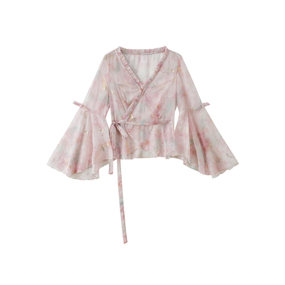 雅乔【出水芙蓉外披】夏季法式长袖修身喇叭水袖印花雪纺防晒开衫