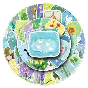 50张春日风景贴画手绘油画春天花卉动物手账咕卡创意装饰防水贴画