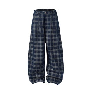 NOVACAM 美式复古格子阔腿休闲裤baggy慵懒通勤弯刀牛仔裤