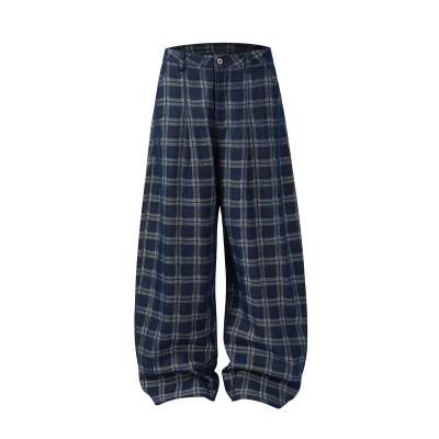 NOVACAM复古格子阔腿牛仔裤