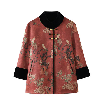 新款妈妈冬装加绒加厚皮草外套女老年人水貂绒皮毛一体大衣中国风