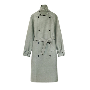 TRENDYWU 经典老钱“摩登”华达呢粗纺羊毛宽松双排扣厚廓型大衣