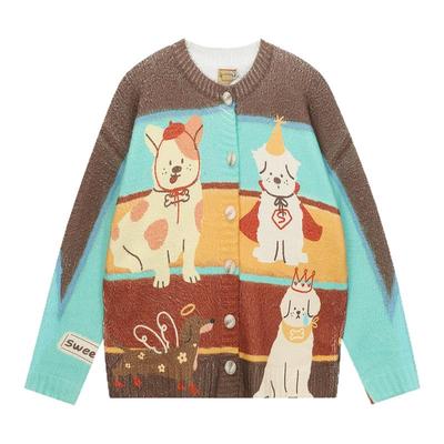 原创学院风复古校园卡通印花针织开衫男女情侣毛衣外套毛衫