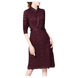 2025春装新款女装酒红优雅领结蕾丝修身气质显瘦长袖连衣裙