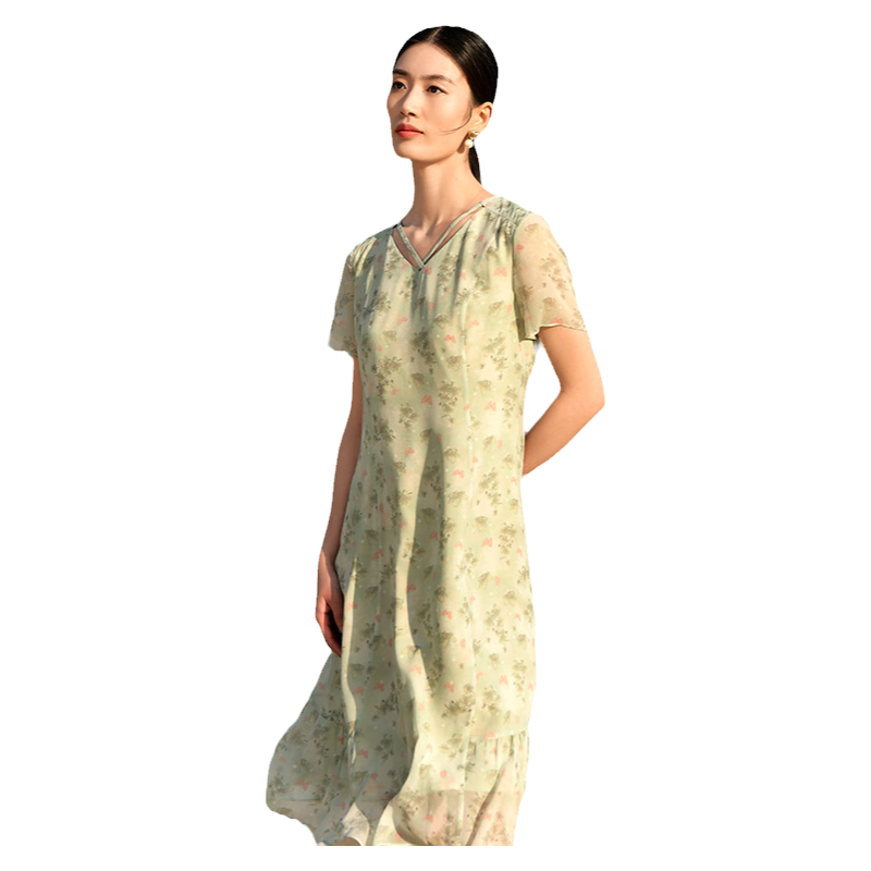 佐尔美夏季新款 休闲时尚小碎花短袖桑蚕丝真丝连衣裙女E32LS83